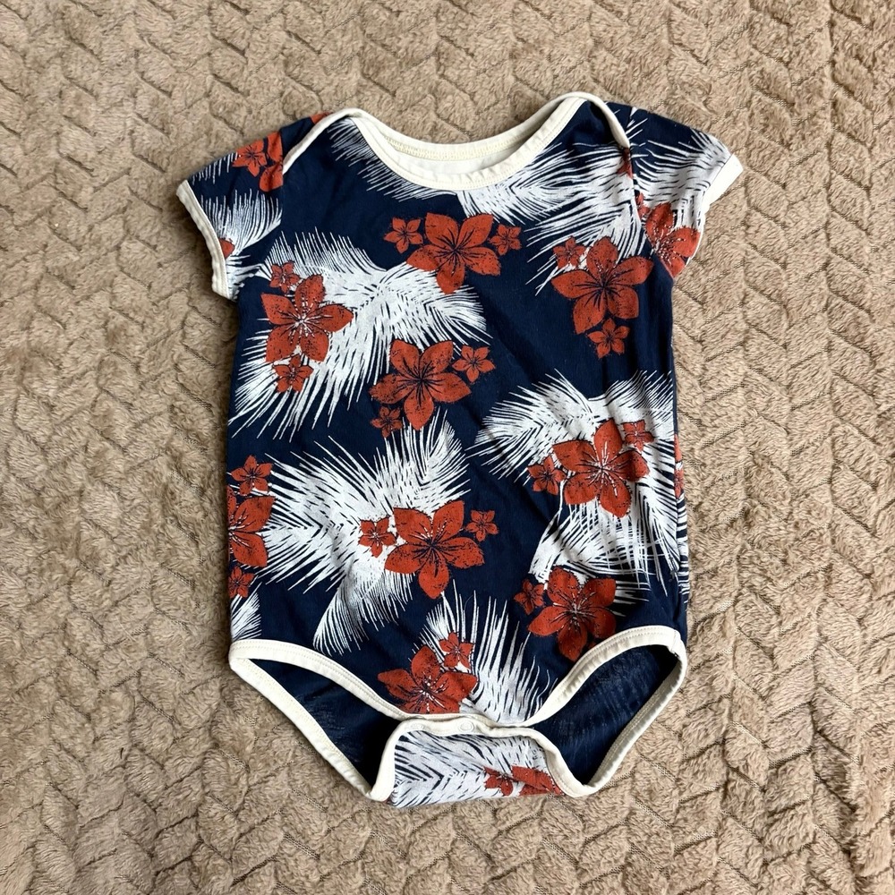 PACT Bodysuit 6-12 Months Tropical Floral Hibiscus Organic Cotton Navy Romper